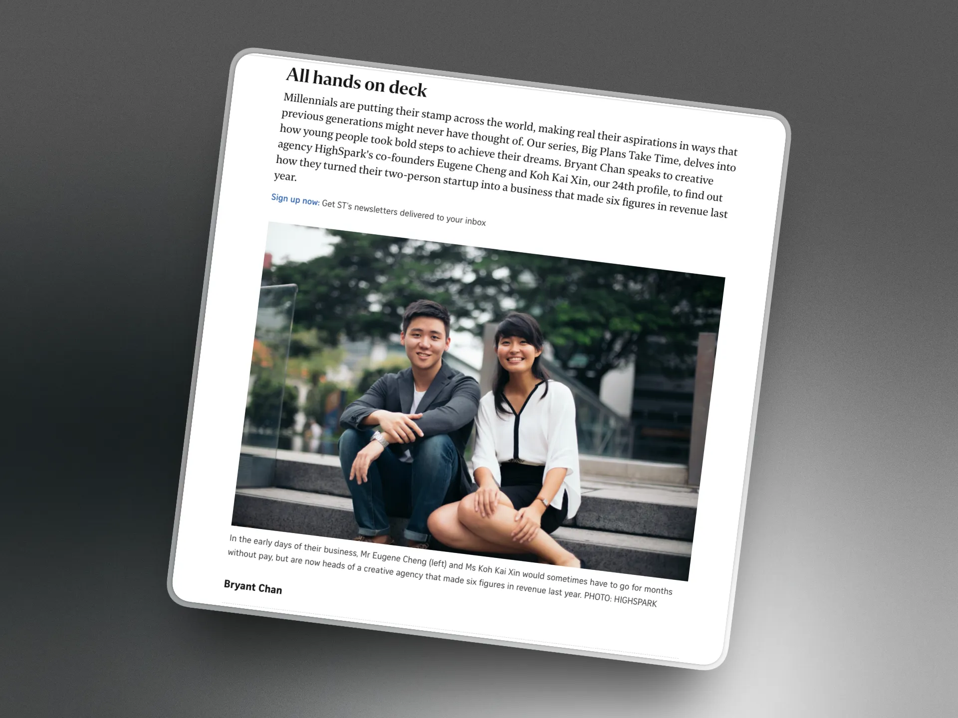 The Straits Times feature on HighSpark’s co-founders, All hands on deck